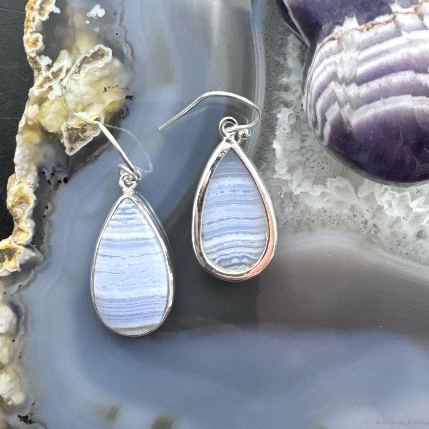 Sterling Silver Southwestern Style Teardrop Blue Lace Agate Dangle Earrings For Women