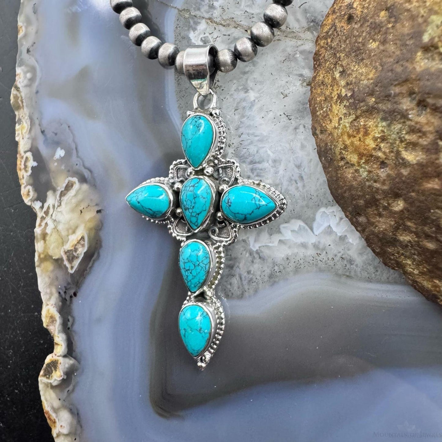 Sterling Silver Southwestern Style Blue Howlite Cross Pendant For Women