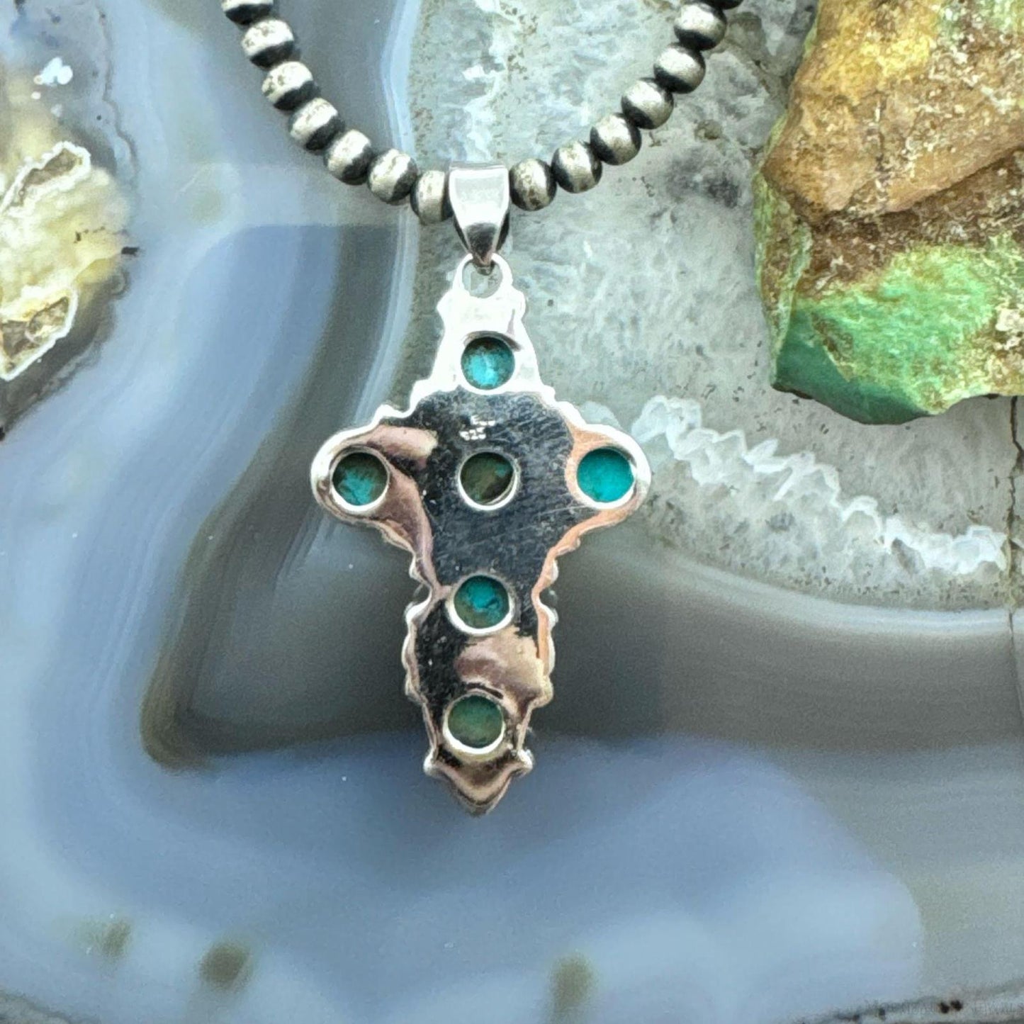 Sterling Silver Southwestern Style Rounded Blue Howlite Cross Pendant For Women