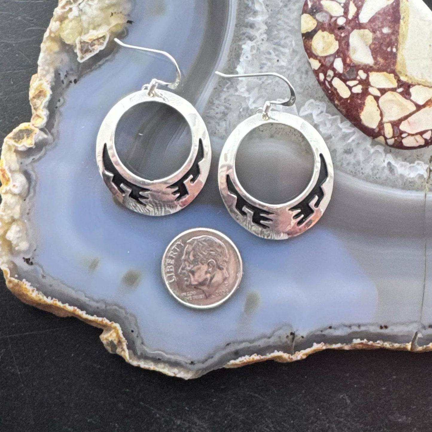 Tommy & Rosita Singer Sterling Silver Overlay Southwestern Motif Hoop Dangle Earrings For Women