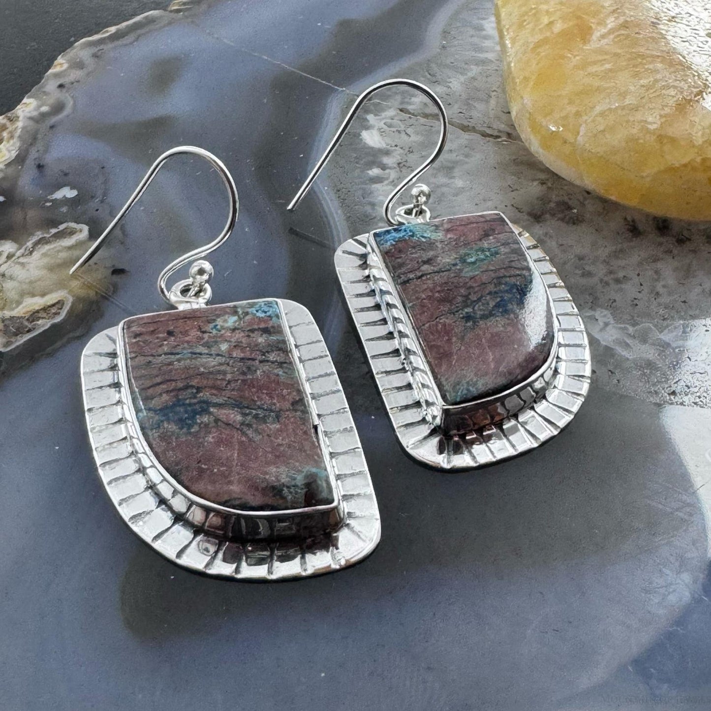 Sterling Silver Southwestern Style Shattuckite Decorated Dangle Earrings For Women