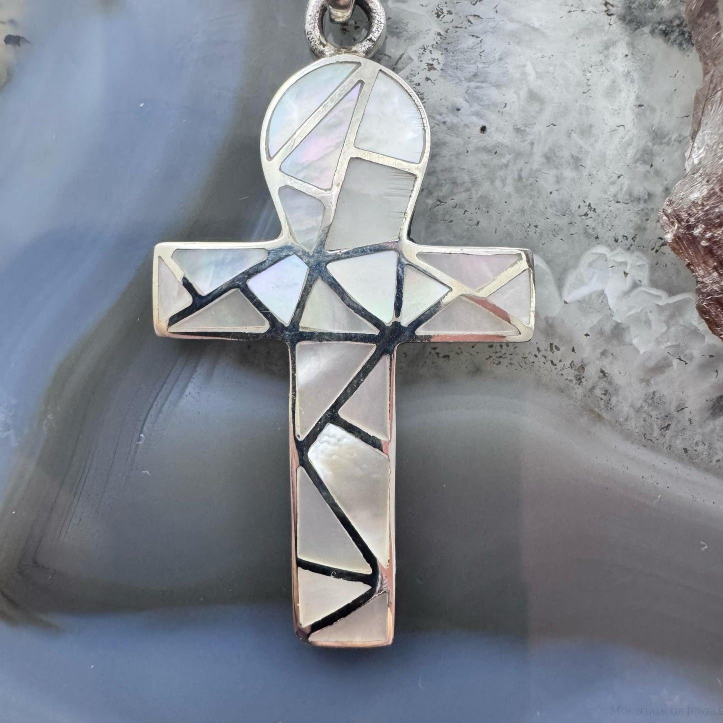 Sterling Silver Southwestern Style Mother of Pearl Inlay Unisex Cross Pendant