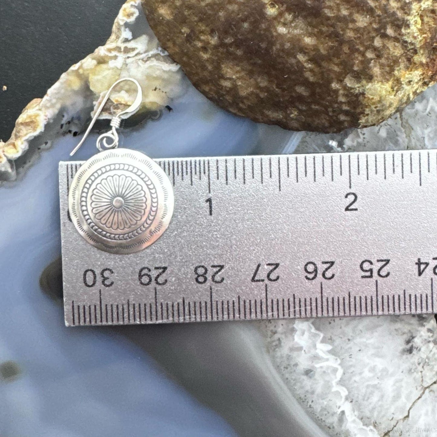 Native American Sterling Silver Stamped Rounded Concho Dangle Earrings For Women