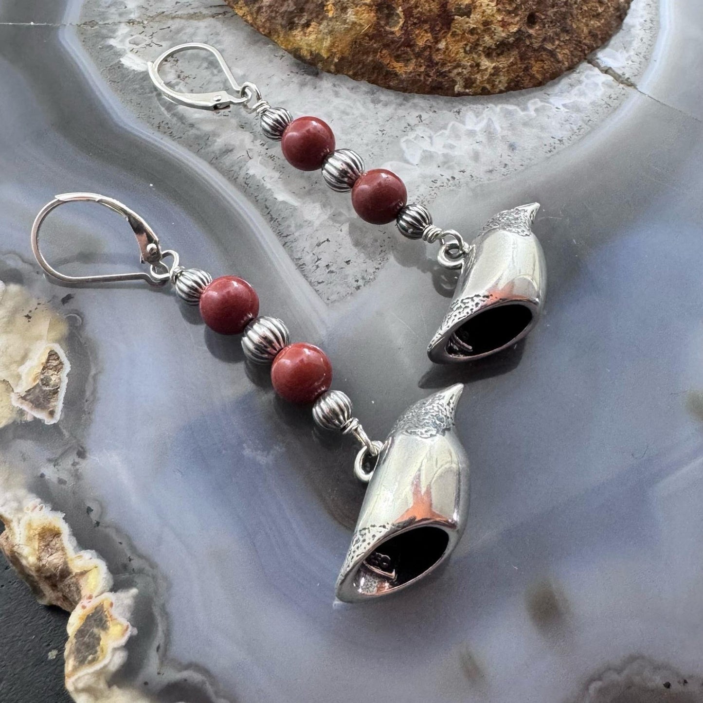 Andrew Rodriguez Sterling Silver Crow With 2 Tiny Red Jasper Beads Dangle Earrings For Women