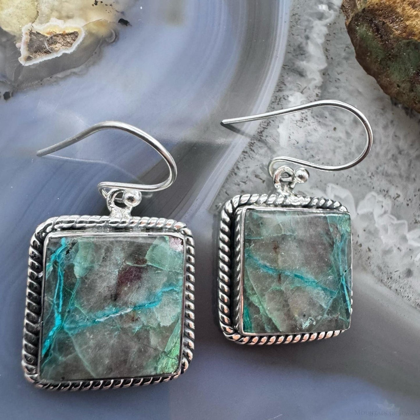 Sterling Silver Southwestern Style Square Green Shattuckite Dangle Earrings For Women