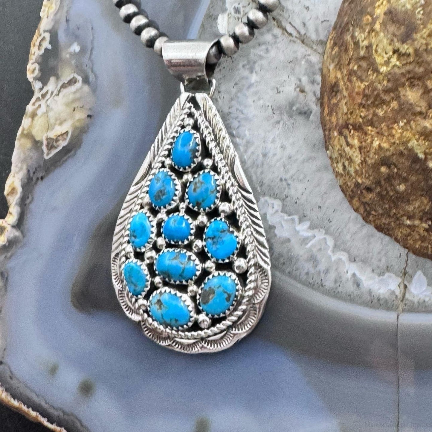 Marlene Jones Native American Sterling Silver Turquoise Teardrop Pendant For Women