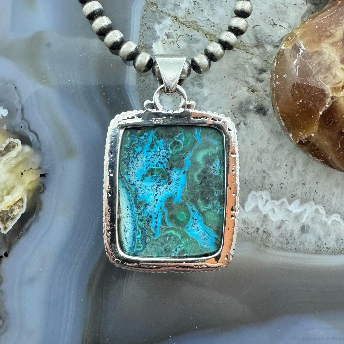 Sterling Silver Southwestern Style Rectangle Azurite Malachite Unisex Pendant