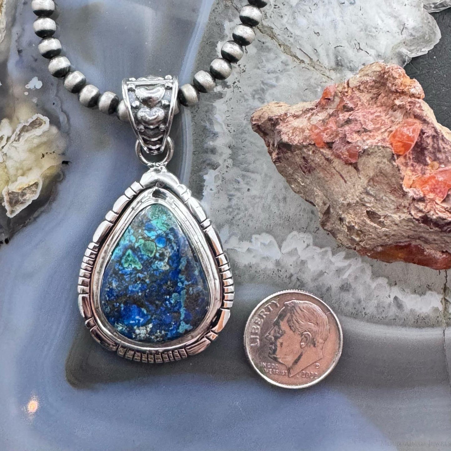 Sterling Silver Southwestern Style Teardrop Azurite Malachite Decorated Pendant