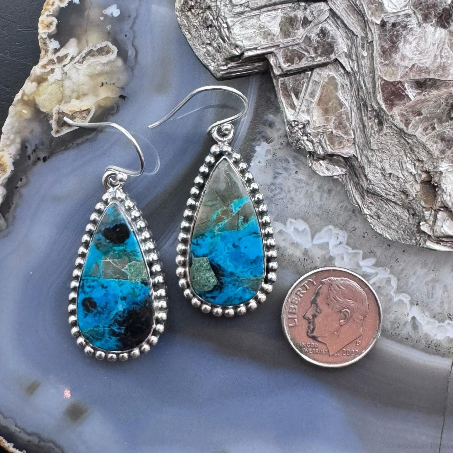 Sterling Silver Southwestern Style Teardrop Shattuckite Dangle Earrings For Women