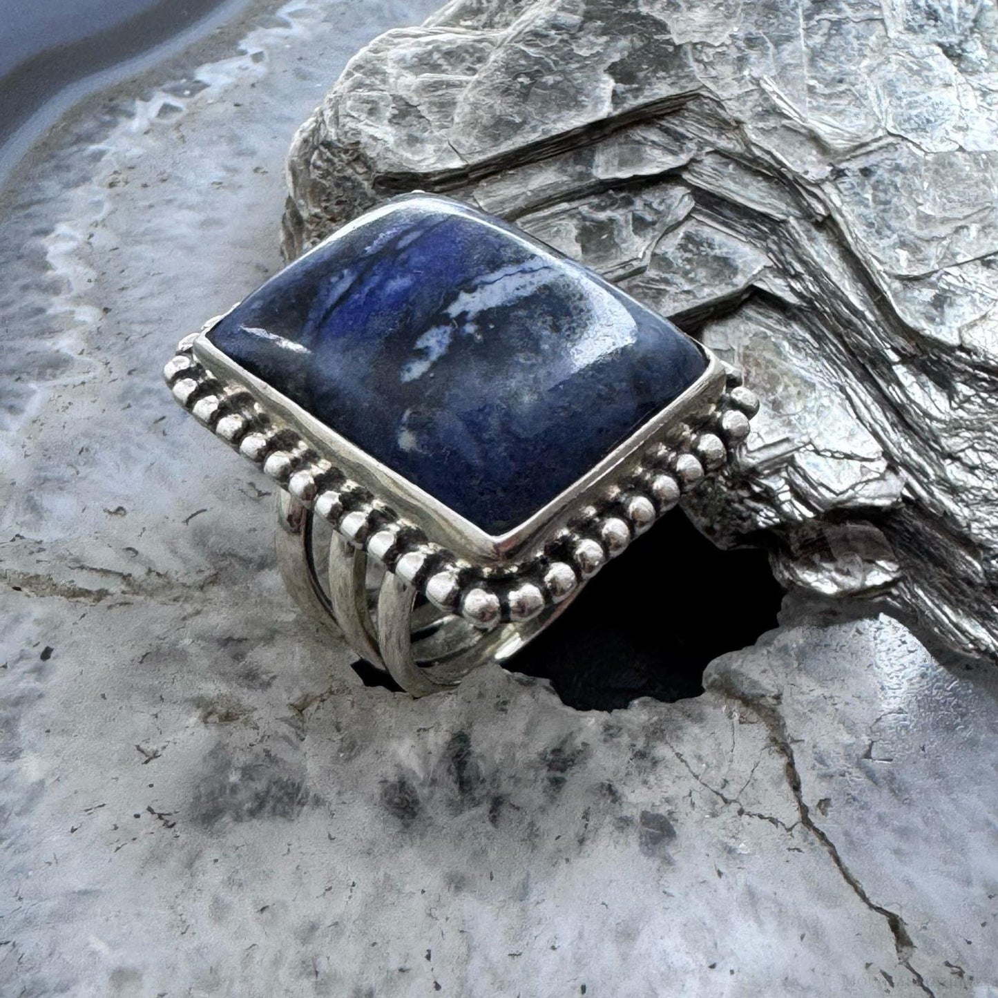 Sterling Silver Southwestern Style Dumortierite Decorated Ring Size 7.75 For Women