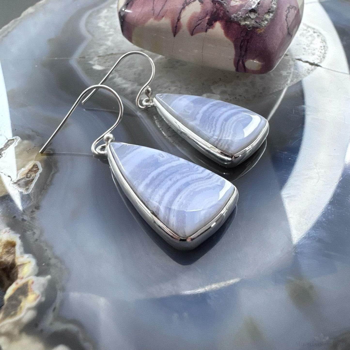 Sterling Silver Southwestern Style Triangle Blue Lace Agate Dangle Earrings For Women