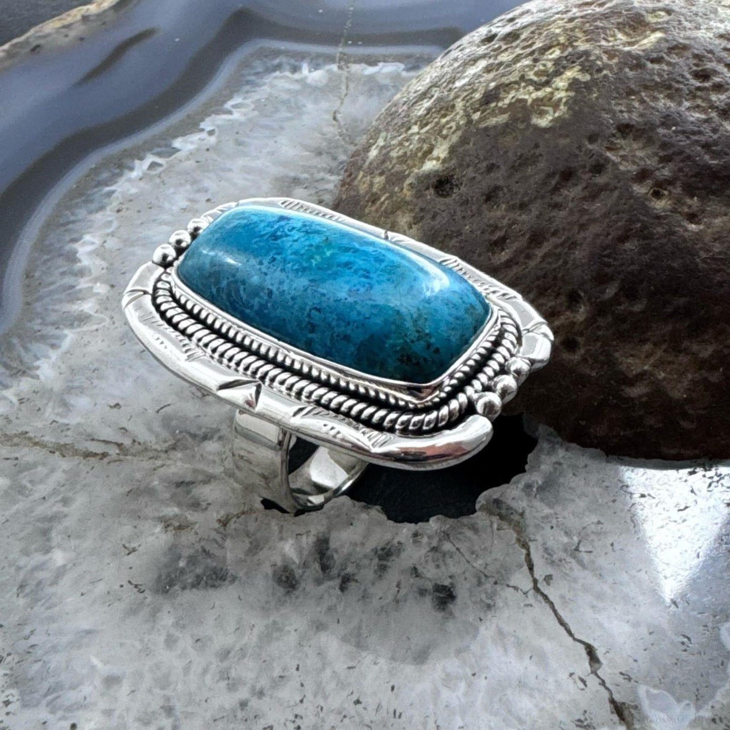 Sterling Silver Southwestern Style Chrysocolla Decorated Bar Ring Size 8 For Women