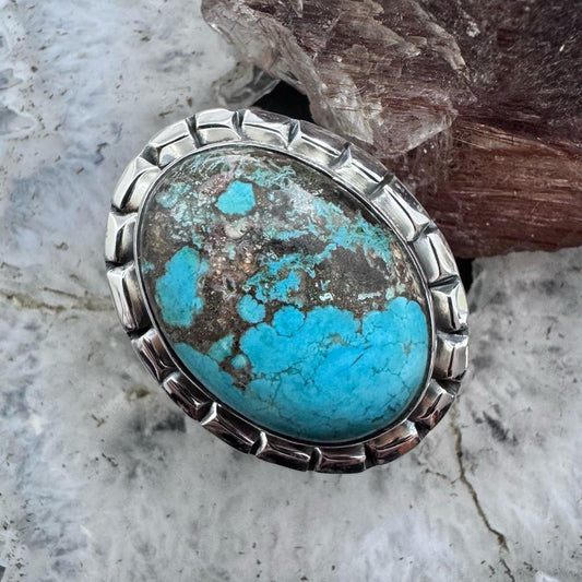 Sterling Silver Southwestern Style Oval Tibetan Turquoise Ring Size 7.5 For Women