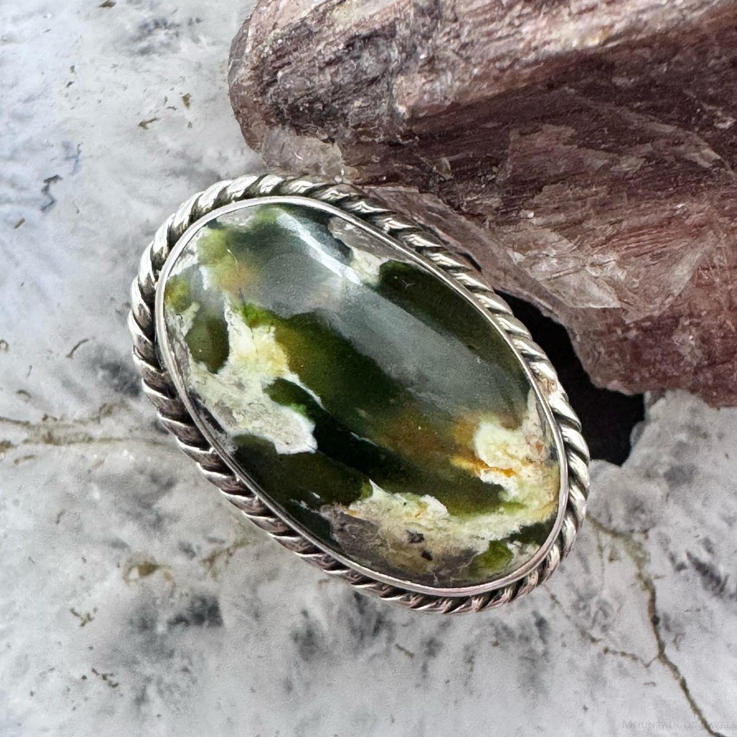 Sterling Silver Southwestern Style Chrome Chalcedony Decorated Ring Size 6.75 For Women
