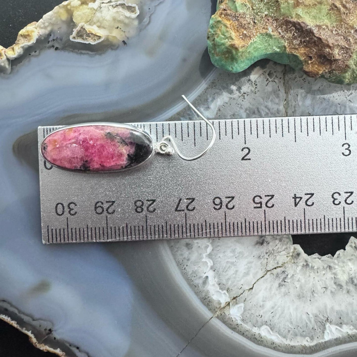 Sterling Silver Southwestern Style Oval Rhodonite Dangle Earrings For Women