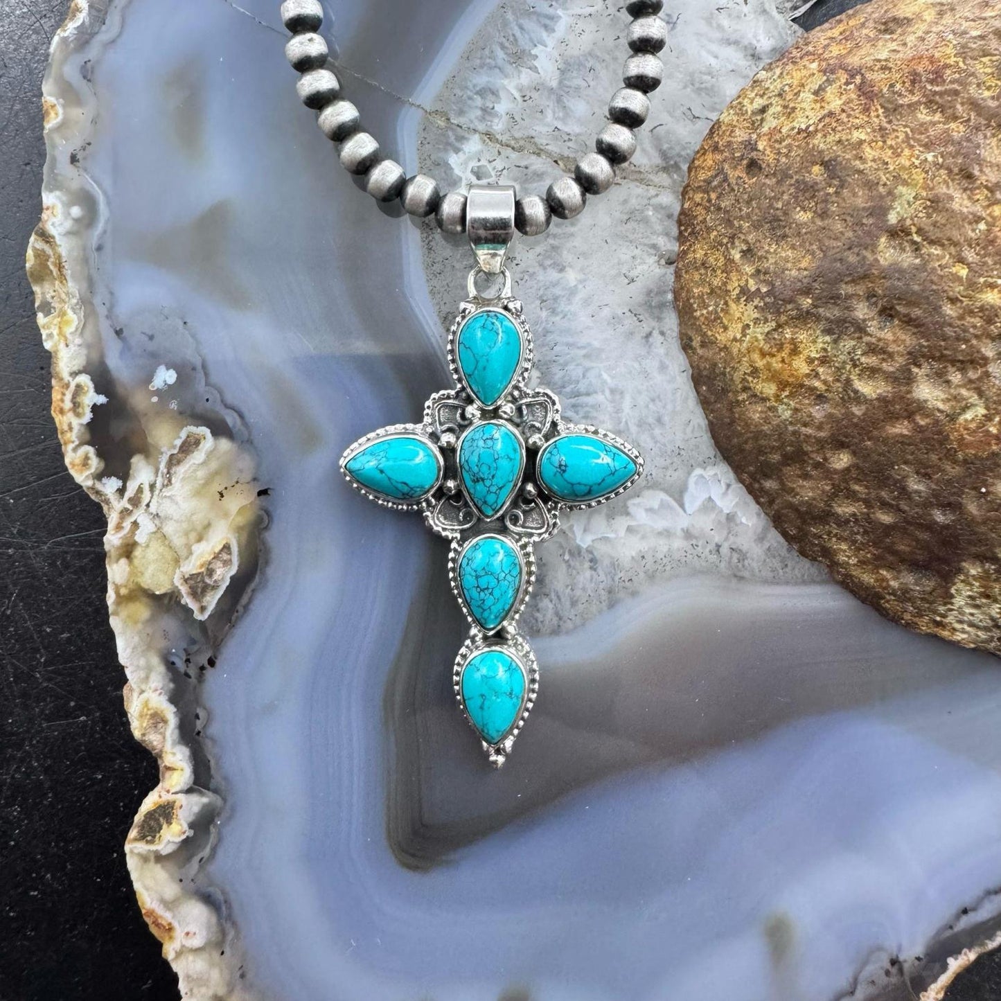 Sterling Silver Southwestern Style Blue Howlite Cross Pendant For Women