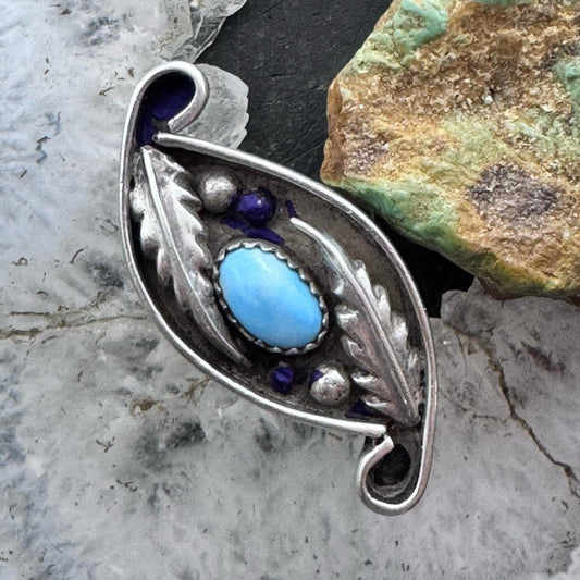 Vintage Native American Silver Turquoise Leaves Decorated Ring Size 5 For Women