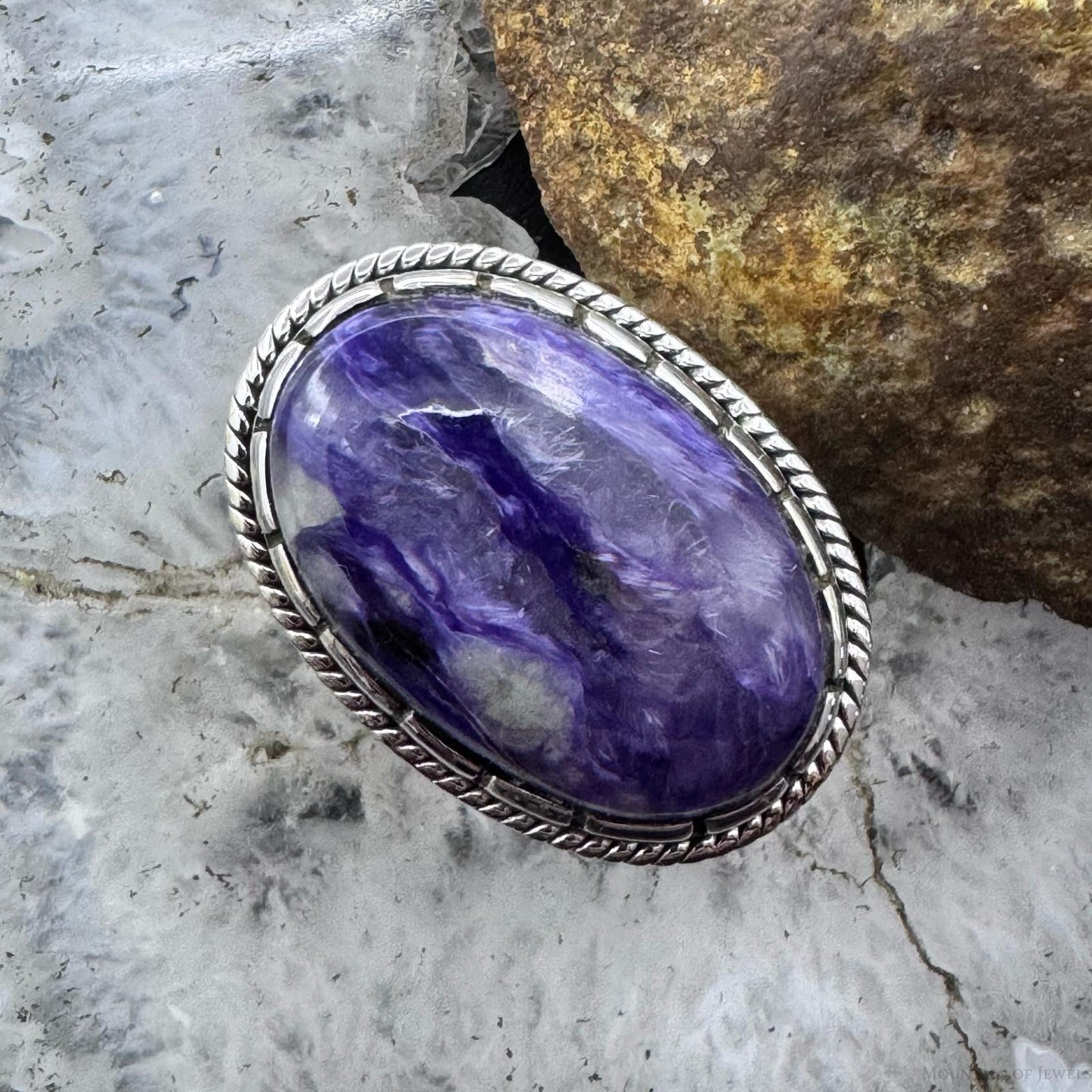 Sterling Silver Southwestern Style Oval Charoite Decorated Ring Size 7.5 For Women