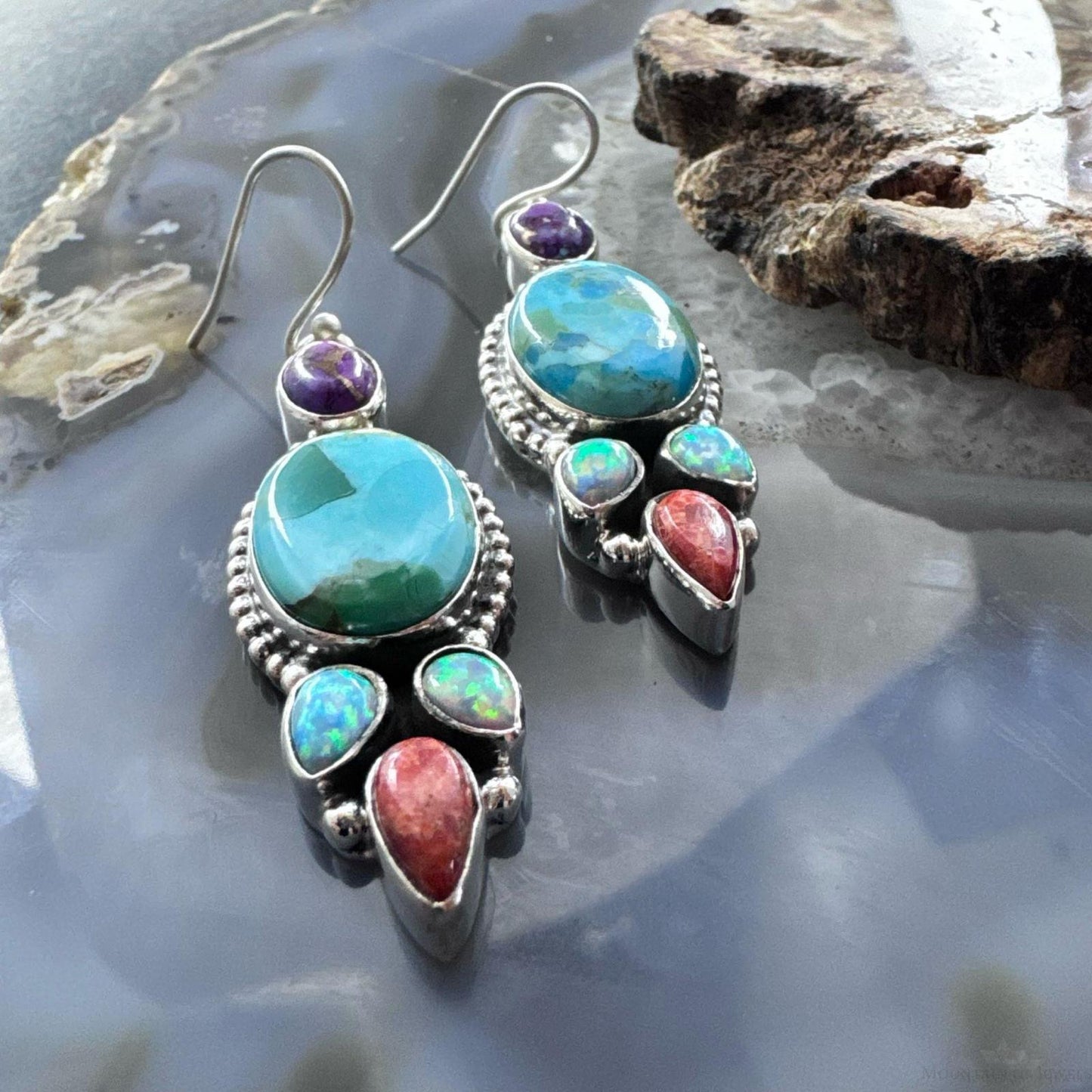 Sterling Silver Southwestern Style Multistone Cluster Dangle Earrings For Women #15