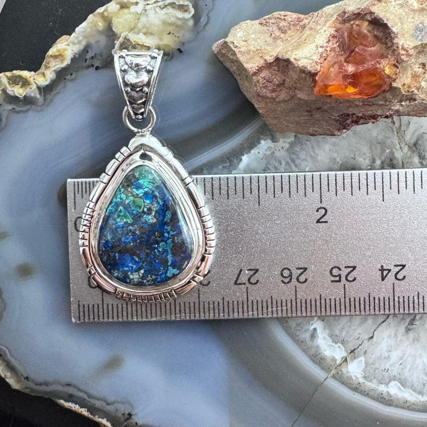 Sterling Silver Southwestern Style Teardrop Azurite Malachite Decorated Pendant