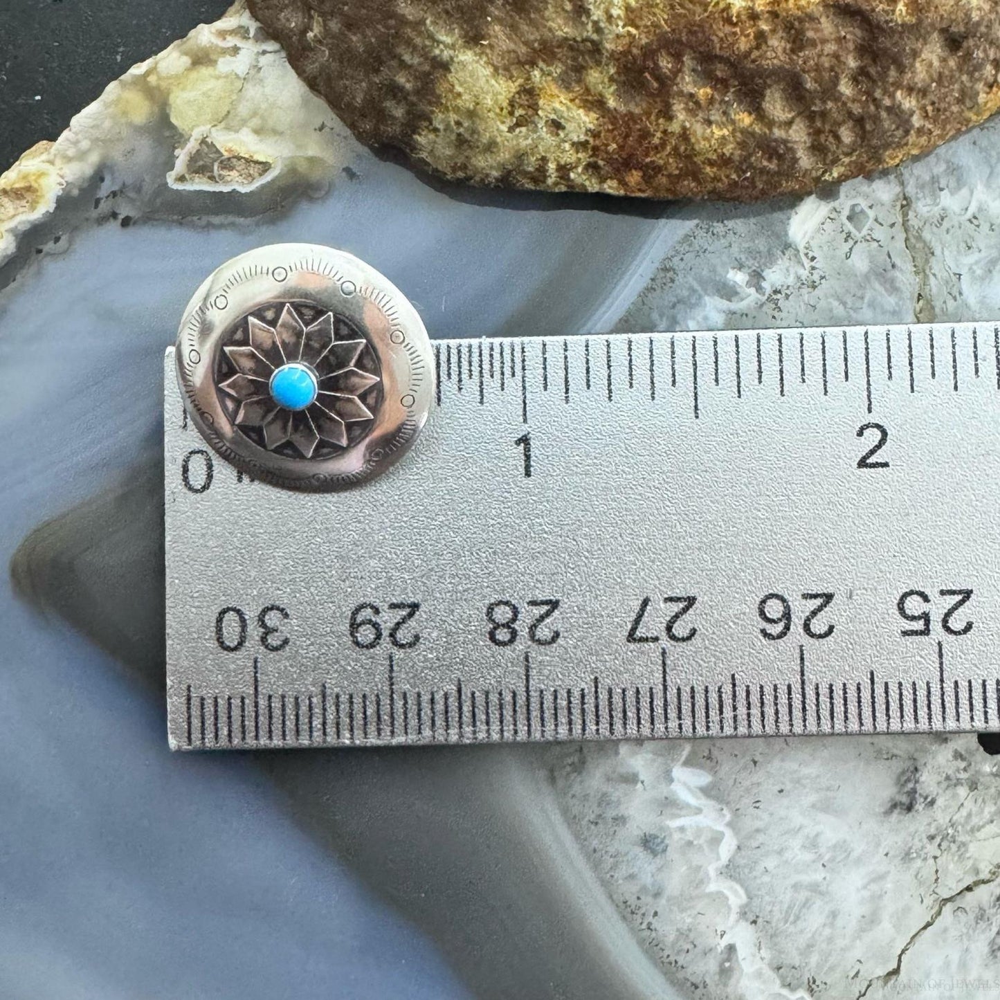 Native American Sterling Stamped Rounded Concho w/Turquoise Post Earrings