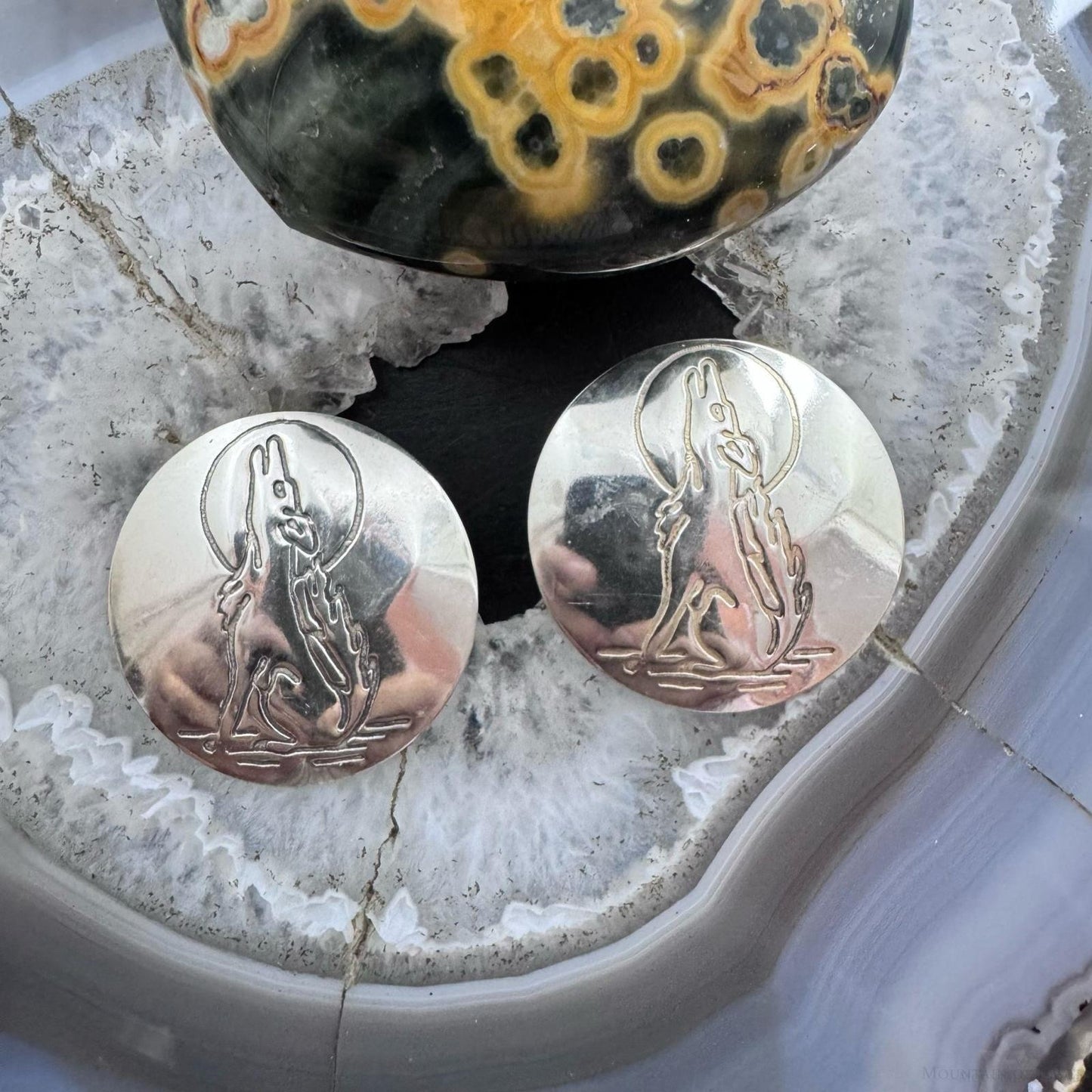 Native American Silver Stamped Coyote Rounded Post Earrings For Women