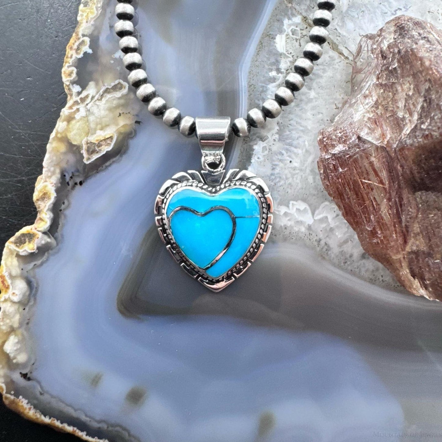 Native American Sterling Silver Kingman Turquoise Decorated Double Heart Pendant For Women