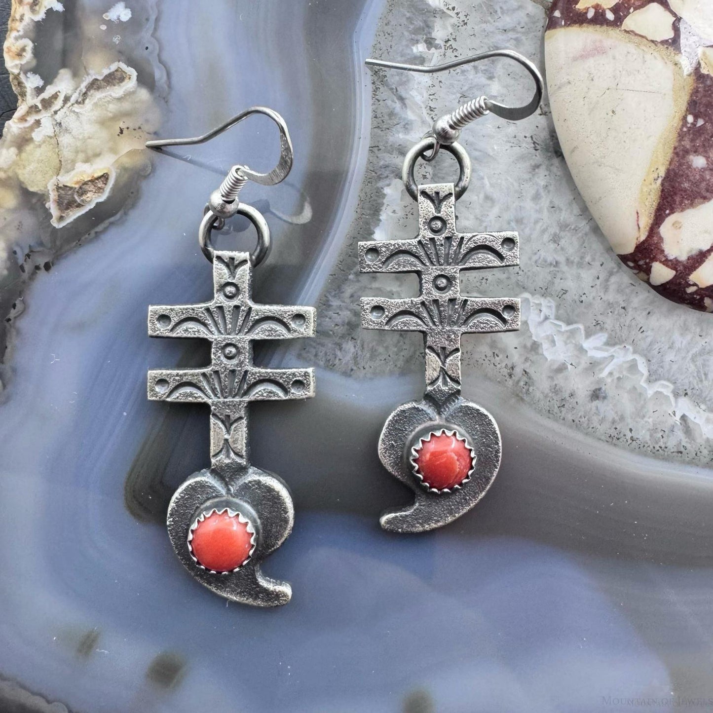 Kevin Billah Native American Sterling Silver Coral Cross & Heart Dangle Earrings For Women