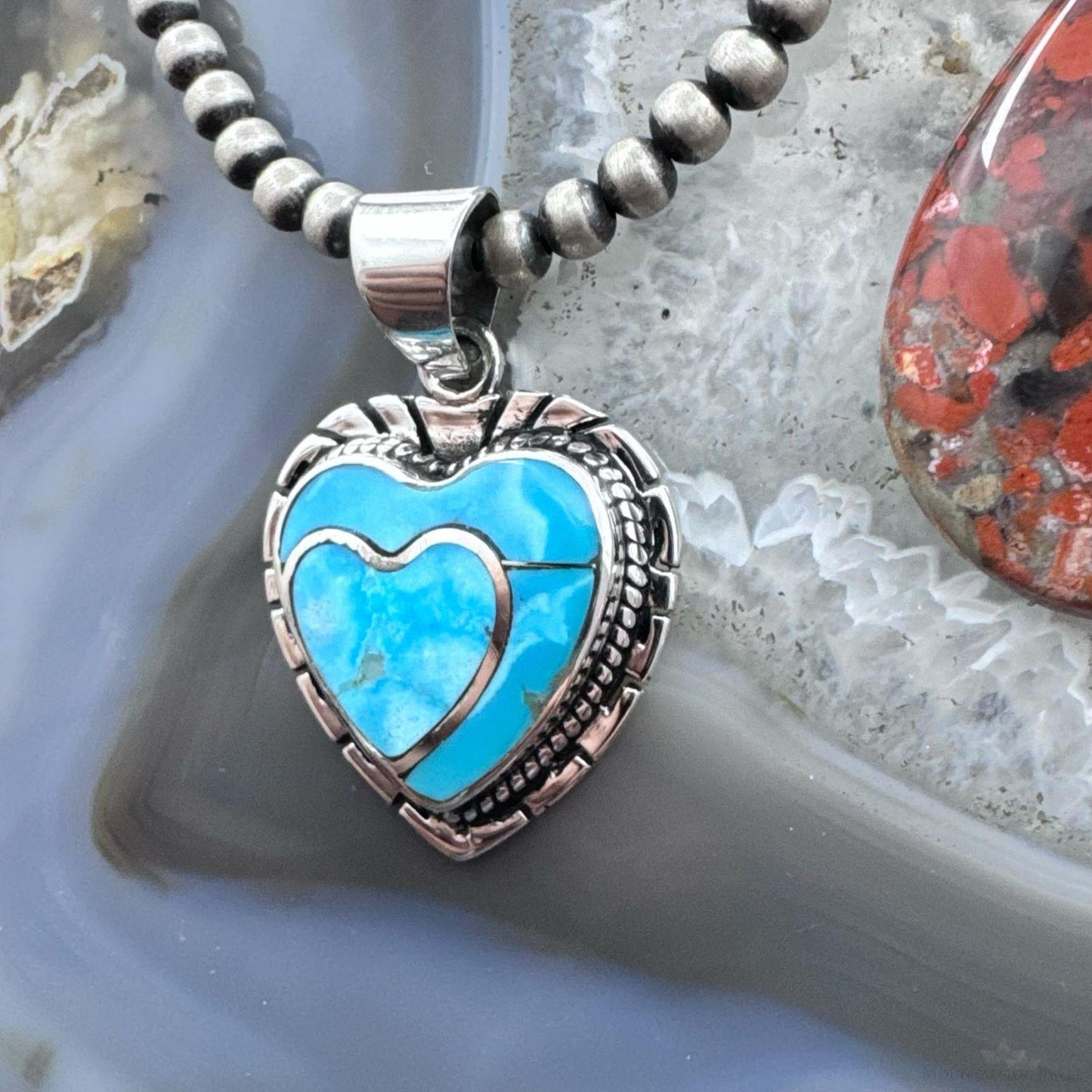 Native American Sterling Silver Blue Ridge Turquoise Decorated Double Heart Pendant For Women
