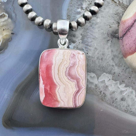 Sterling Silver Southwestern Style Rectangle Rhodochrosite Pendant For Women