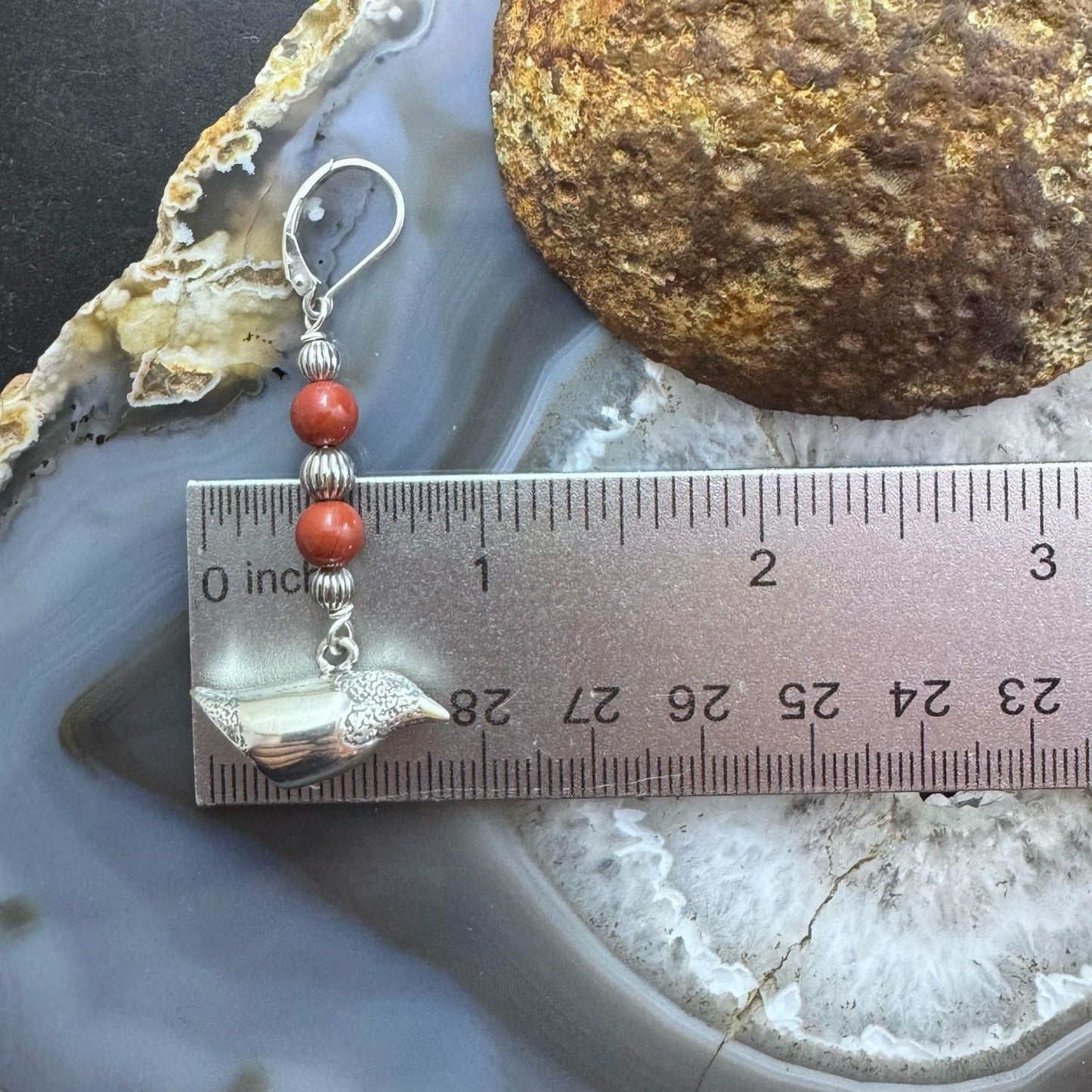 Andrew Rodriguez Sterling Silver Crow With 2 Tiny Red Jasper Beads Dangle Earrings For Women