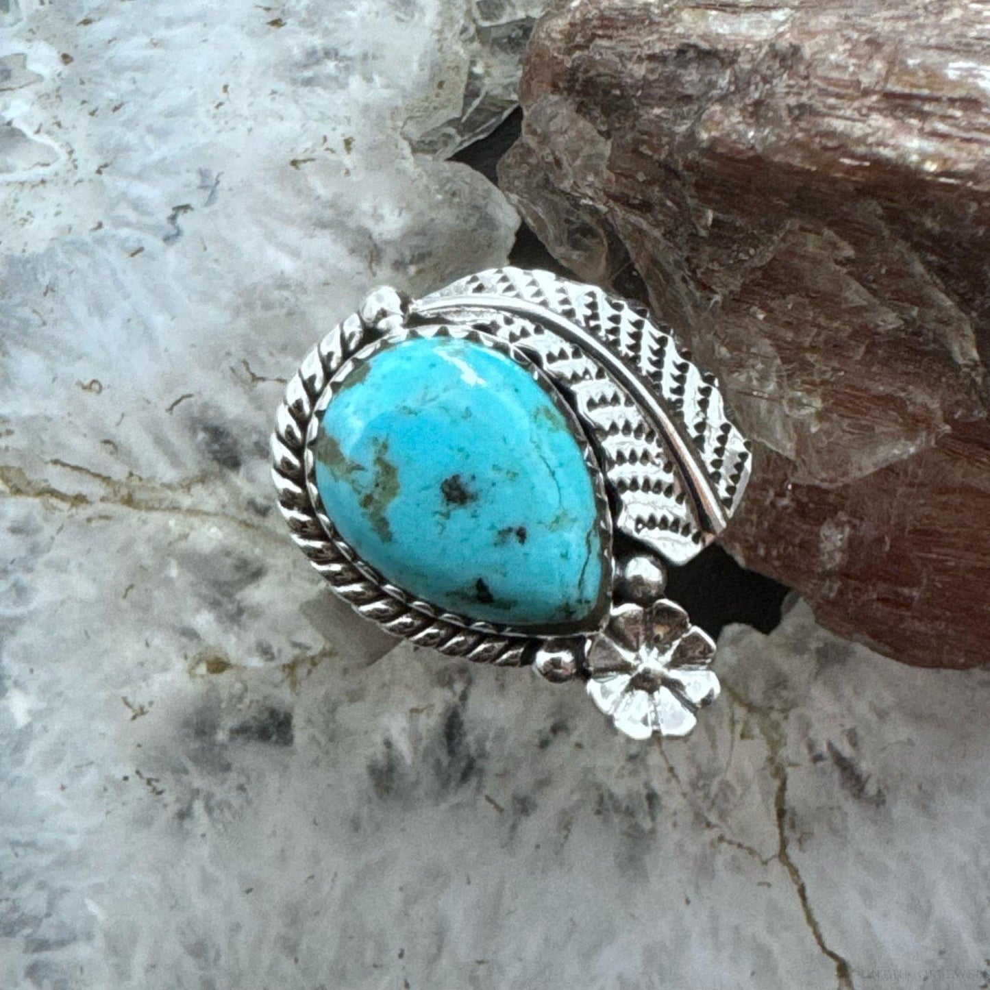 Sterling Silver Southwestern Style Teardrop Turquoise Decorated Adjustable Ring For Women