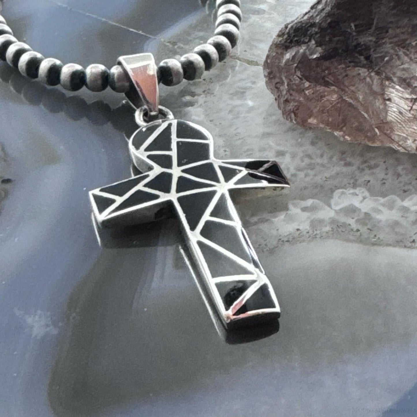 Sterling Silver Southwestern Style Onyx Inlay Unisex Cross Pendant