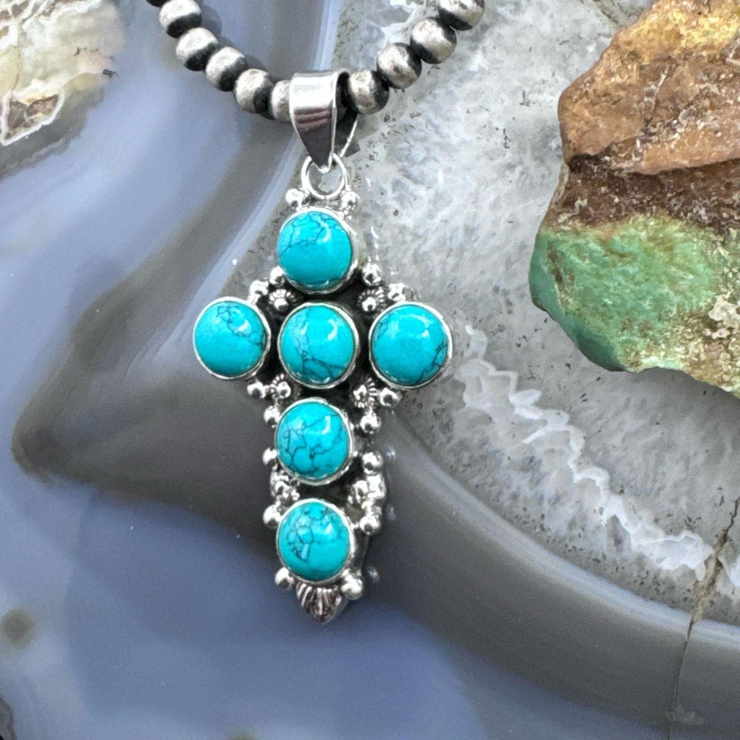 Sterling Silver Southwestern Style Rounded Blue Howlite Cross Pendant For Women