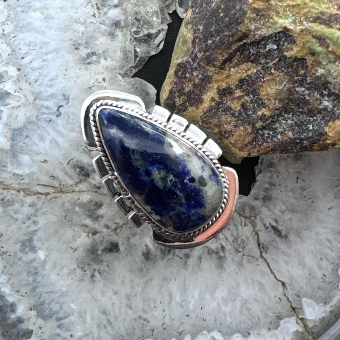Sterling Silver Southwestern Style Teardrop Sodalite Decorated Ring Size 7 For Women