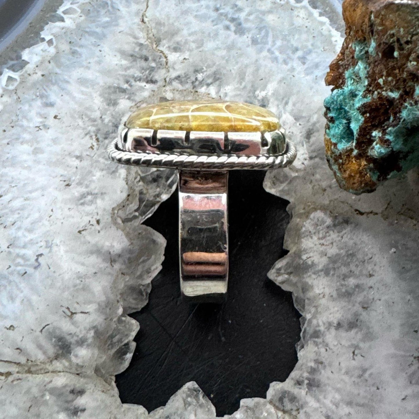 Sterling Silver Southwestern Style Square Ammonite Decorated Ring Size 9 For Women