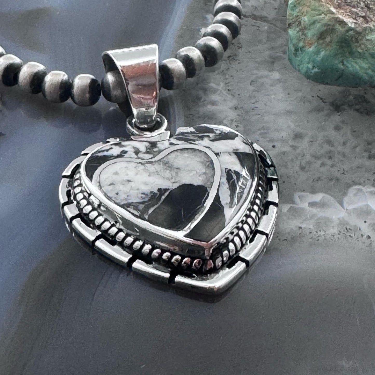 Native American Sterling Silver White Buffalo Decorated Double Heart Pendant For Women