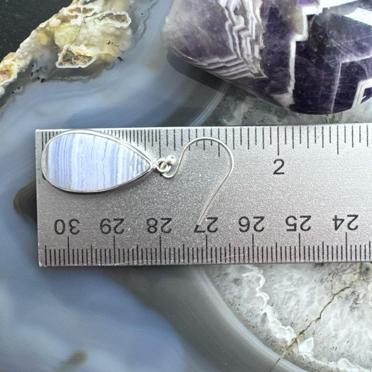 Sterling Silver Southwestern Style Teardrop Blue Lace Agate Dangle Earrings For Women