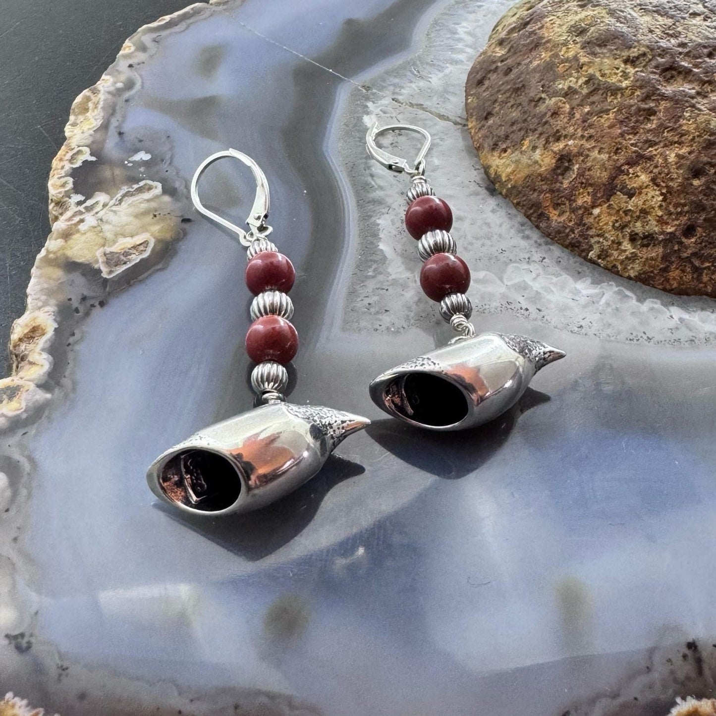 Andrew Rodriguez Sterling Silver Crow With 2 Tiny Red Jasper Beads Dangle Earrings For Women