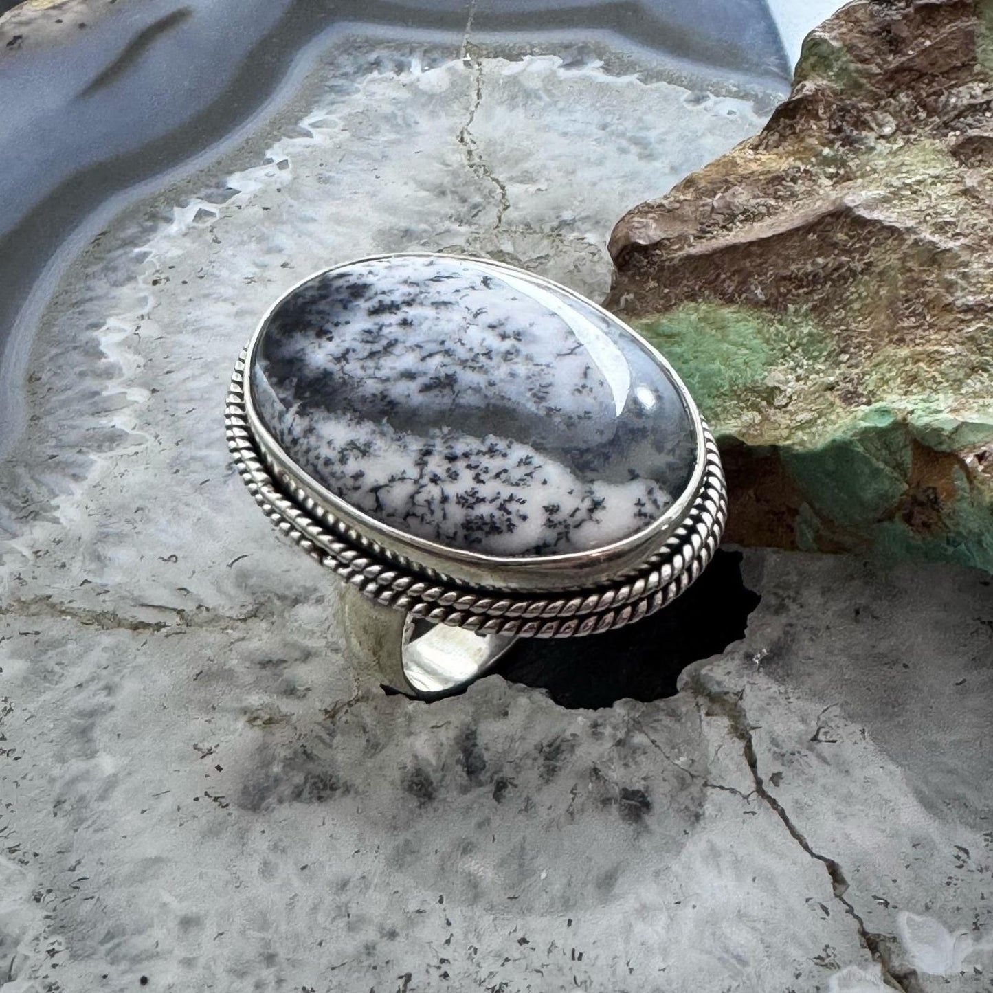 Sterling Silver Southwestern Style Oval Dendrite Decorated Ring Size 8 For Women