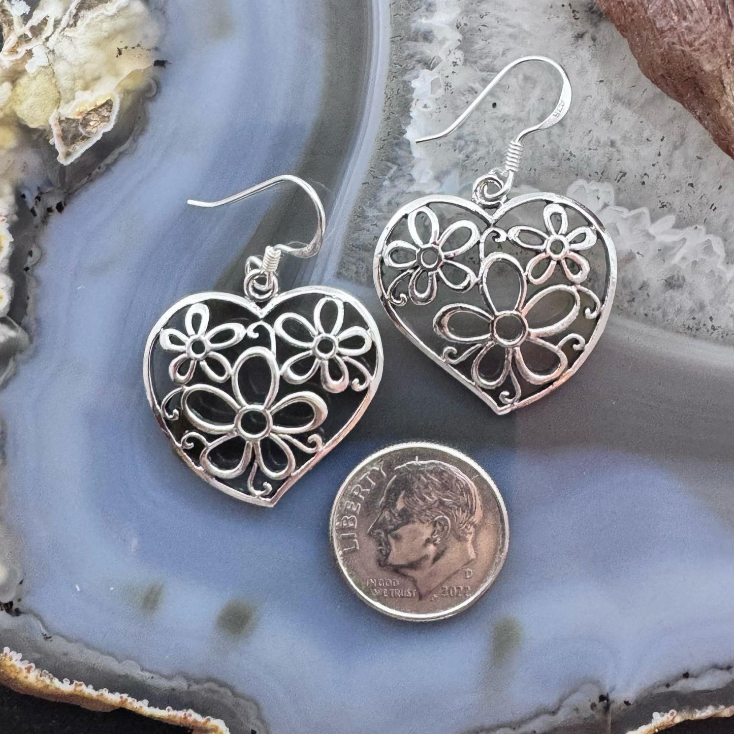 Sterling Silver Heart Flower Dangle Earrings For Women