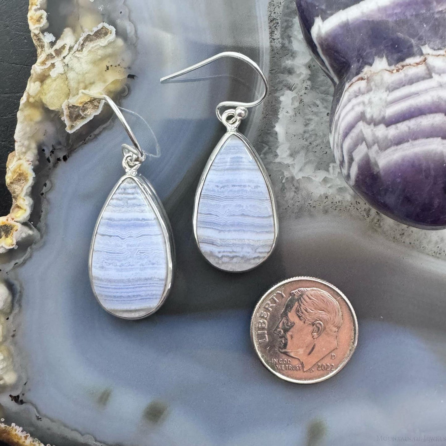 Sterling Silver Southwestern Style Teardrop Blue Lace Agate Dangle Earrings For Women