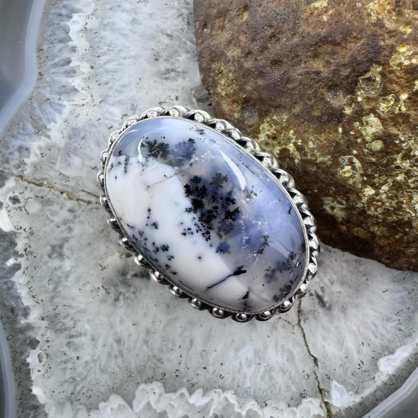 Sterling Silver Southwestern Style Oval Dendrite Agate Ring Size 5 For Women