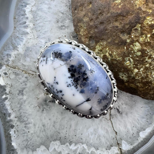 Sterling Silver Southwestern Style Oval Dendrite Agate Ring Size 5 For Women