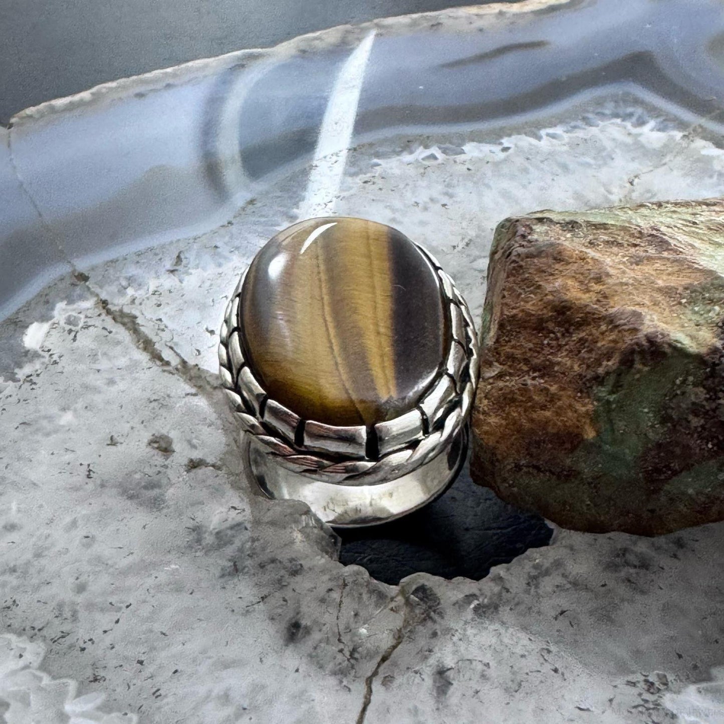 Sterling Silver Southwestern Style Elongated Oval Tiger's Eye Ring Size 8.25 For Women