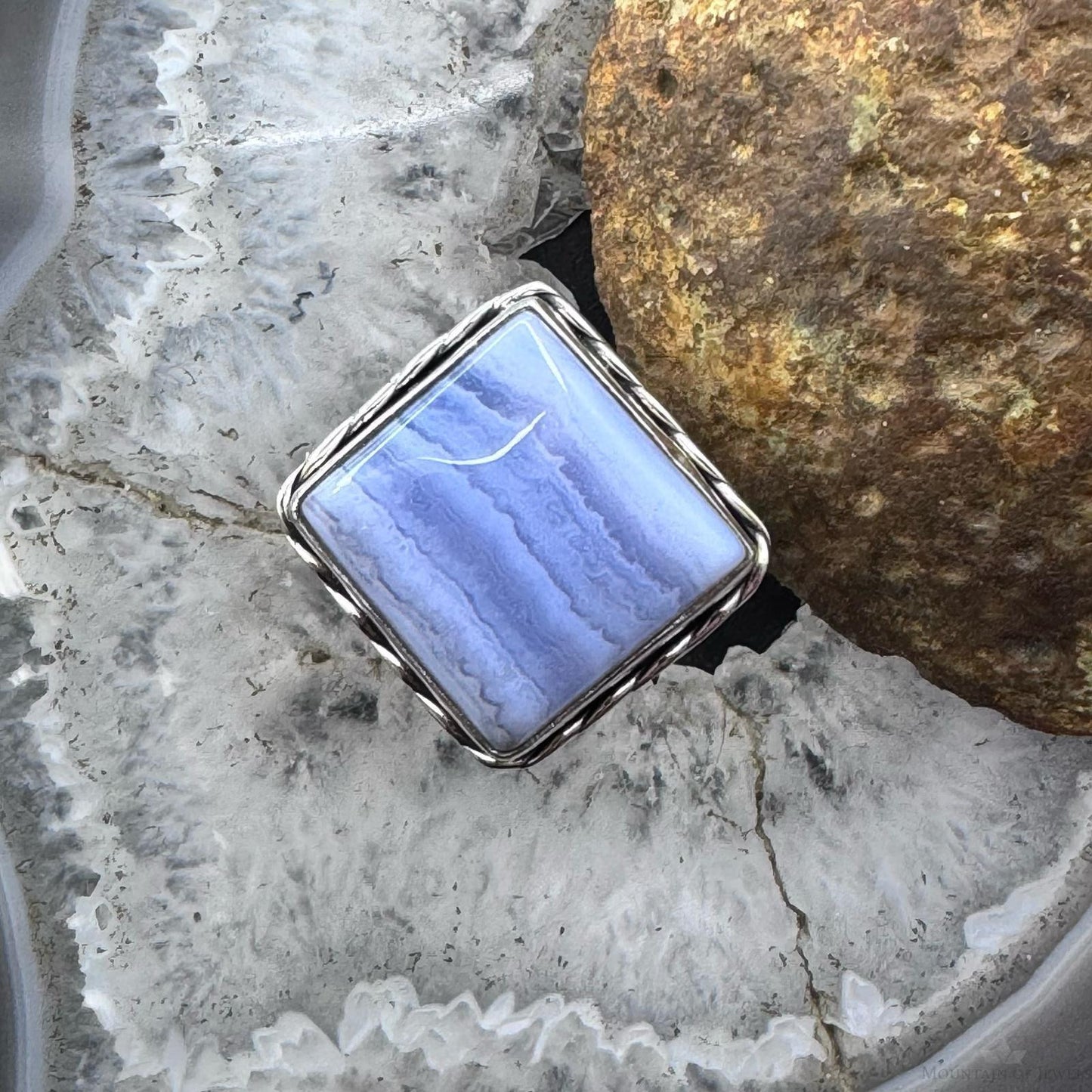 Sterling Silver Southwestern Style Blue Lace Agate Bar Ring Size 8 For Women