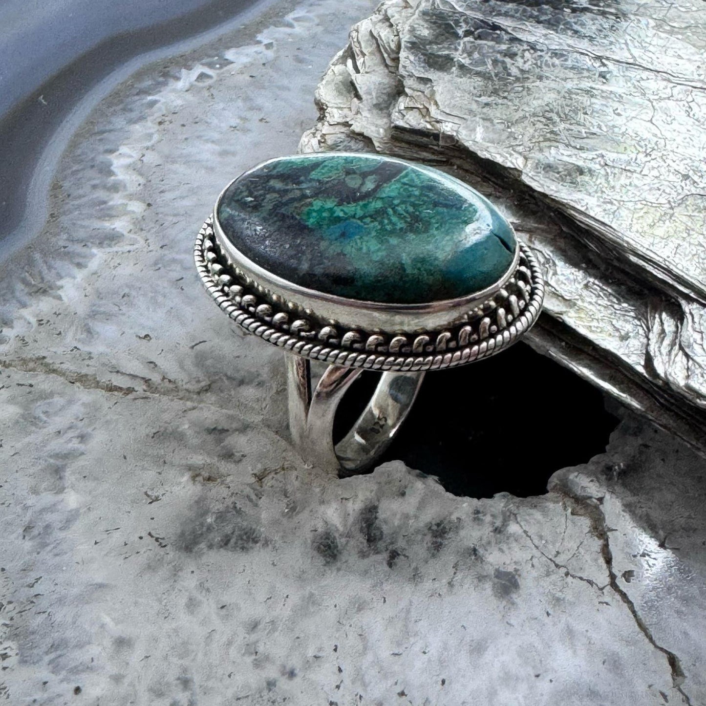 Sterling Silver Southwestern Style Oval Azurite Decorated Ring Size 7 For Women