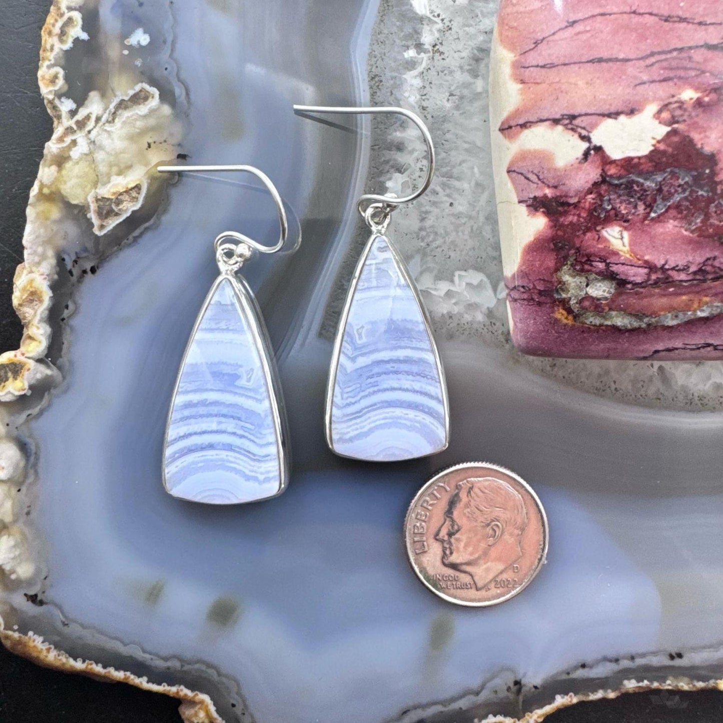 Sterling Silver Southwestern Style Triangle Blue Lace Agate Dangle Earrings For Women