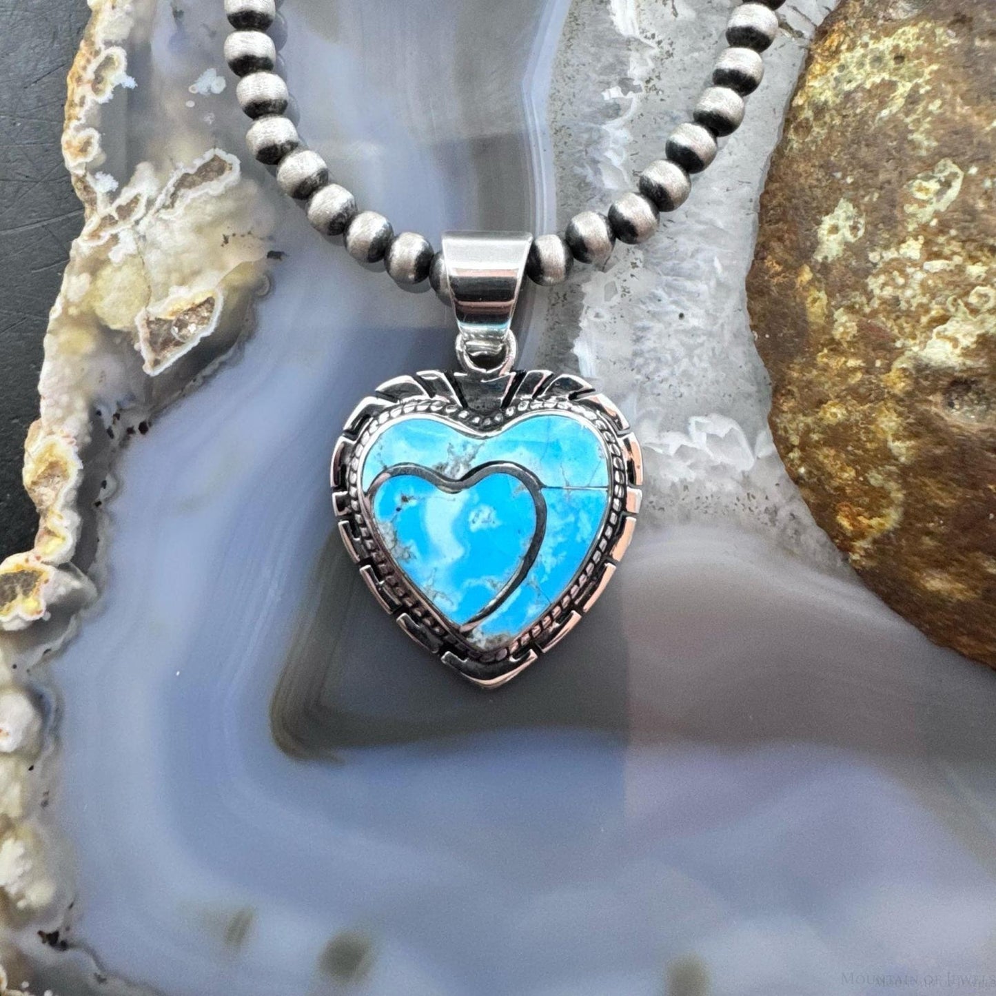 Native American Sterling Silver Blue Ridge Turquoise Decorated Double Heart Pendant For Women #1