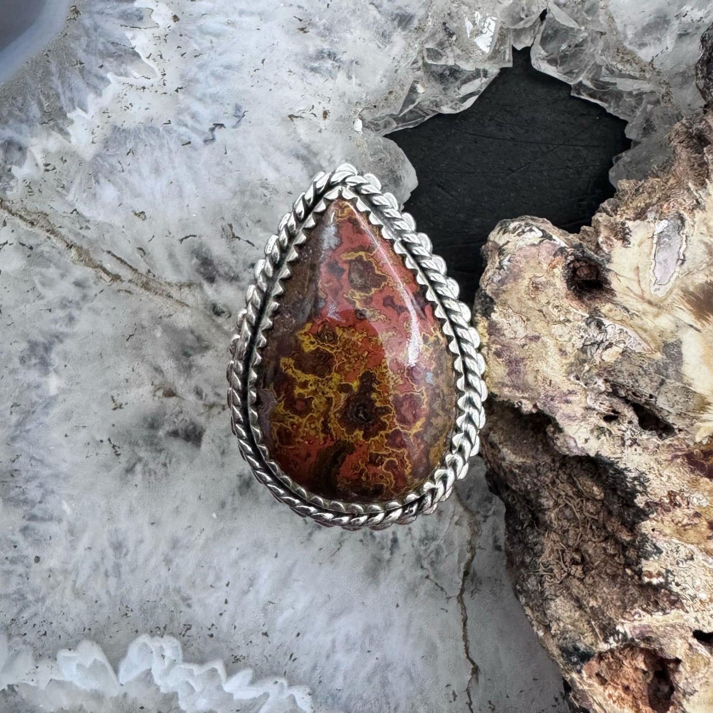 Sterling Southwestern Style Teardrop Moroccan Seam Agate Ring Size 7.75 For Women